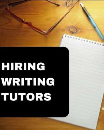 On a wooden table, there is a blank lined notebook, a pen, two crumpled up balls of paper, a black coffee, and a pair of glasses. On the left side, there is a black panel with white text that says "Hiring Writing Tutors." 