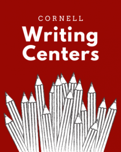 On a red background, in white text it&#039;s written &quot;The Cornell Writing Centers.&quot; Below the text there is an array of black and white pencils fanned out. 