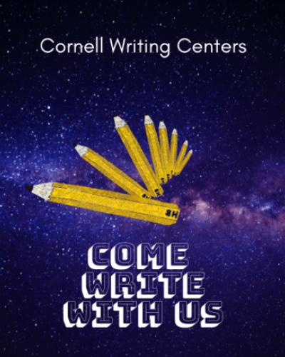 &quot;Come Write with Us&quot; is in a big white font on the left side of the pano image, overtop of a blue and purple galaxy picture. In the center, there is a number of yellow pencils that swirl inward, getting smaller and further away. 