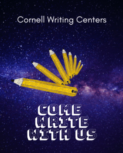 &quot;Come Write with Us&quot; is in a big white font on the bottom of the image, overtop of a blue and purple galaxy picture. In the center, there is a number of yellow pencils that swirl inward, getting smaller and further away. 