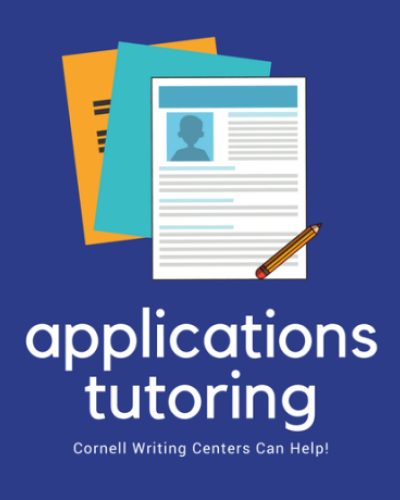 Graphic image of papers and pencil promoting the Writing Center&#039;s Applications Tutoring